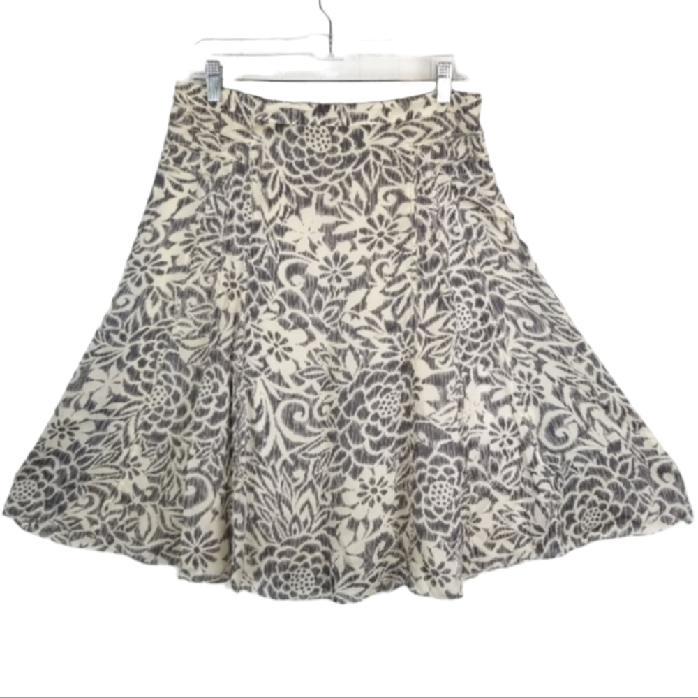Sigrid Olsen Silk Midi Skirt Womens Size 6 A Line Floral Print Artsy Cream Gray
